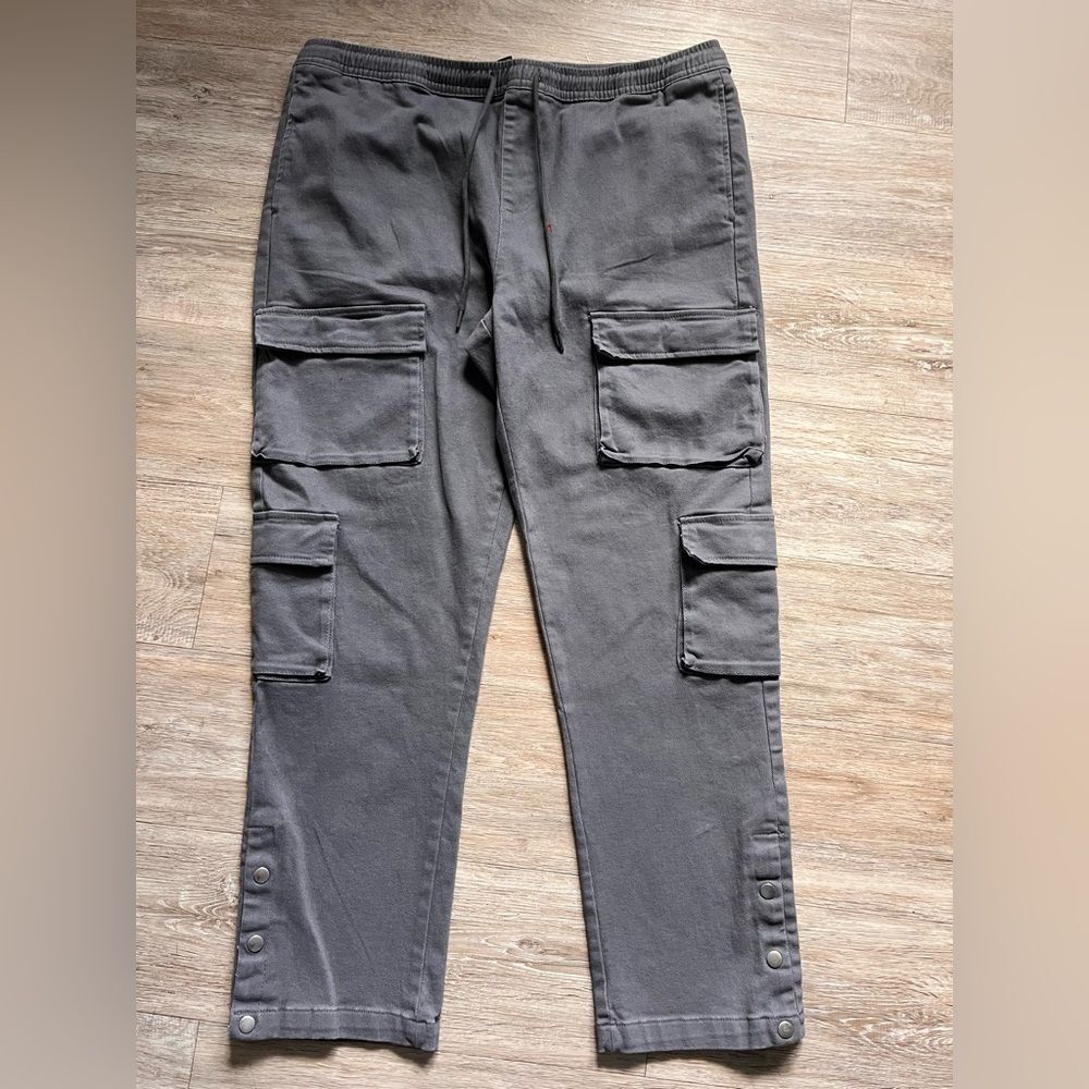 Men's Gray Cargo Pants Mid-Rise Straight Leg Flap Pockets Trousers 2XL